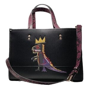 NWOT COACH Black Leather Tote with Dino Motif and Pink Snake-Print Strap